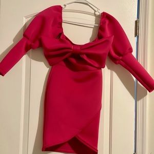 PLT Hot Pink Scuba Bow Puff Sleeve Bodycon Dress
